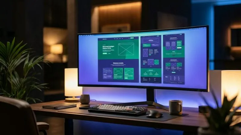 Studio professionale di web design e visual communication con monitor calibrato, rappresentante la progettazione UX e UI sartoriale per siti web