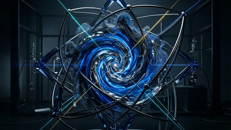 Vortice fluidodinamico tridimensionale con correnti blu cobalto e metallo liquido racchiuso in una gabbia armillare geometrica in titanio e cristalli ottici, metafora del blow-up nelle equazioni di Navier-Stokes e della verifica formale con intelligenza artificiale