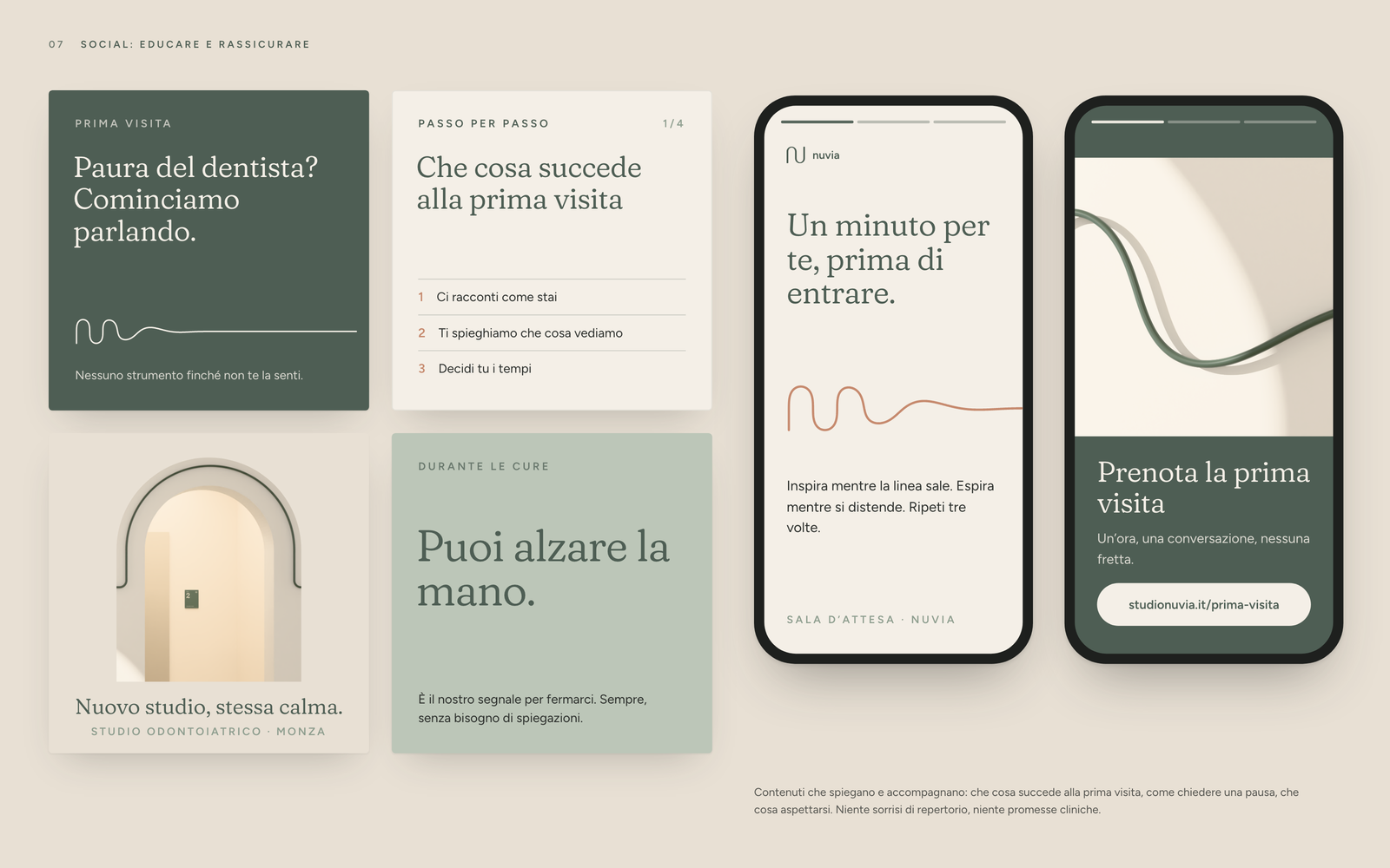 Social kit Nuvia: quattro post su prima visita, pause durante le cure e nuovo studio, due storie in cornice smartphone con un esercizio di respiro guidato dal filo e l’invito a prenotare la prima visita