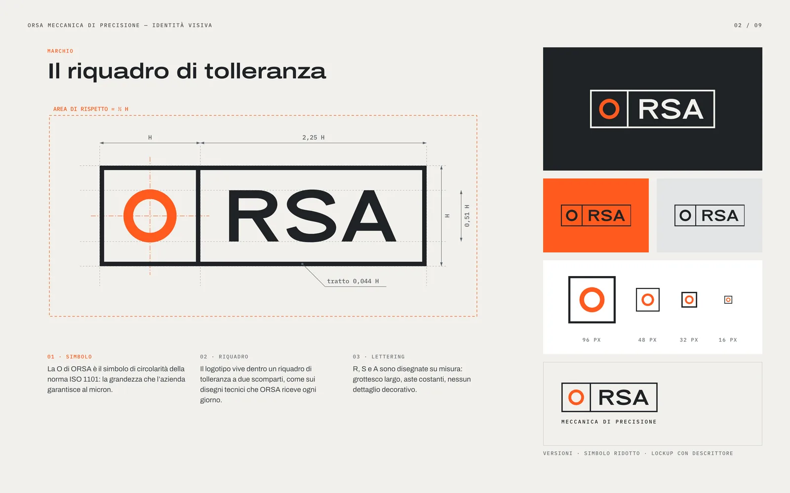 Costruzione del logo ORSA: riquadro a due scomparti con la O di circolarità arancio e le lettere RSA, proporzioni in moduli H, area di rispetto e versioni positiva, negativa, monocromatica e ridotta fino a 16 pixel