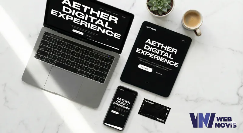 Aether Digital — mockup sito web futuristico con laptop, tablet e smartphone