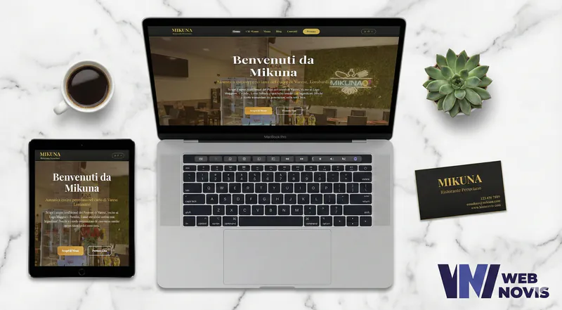 Mikuna — mockup sito web ristorante peruviano con laptop, tablet e biglietto da visita