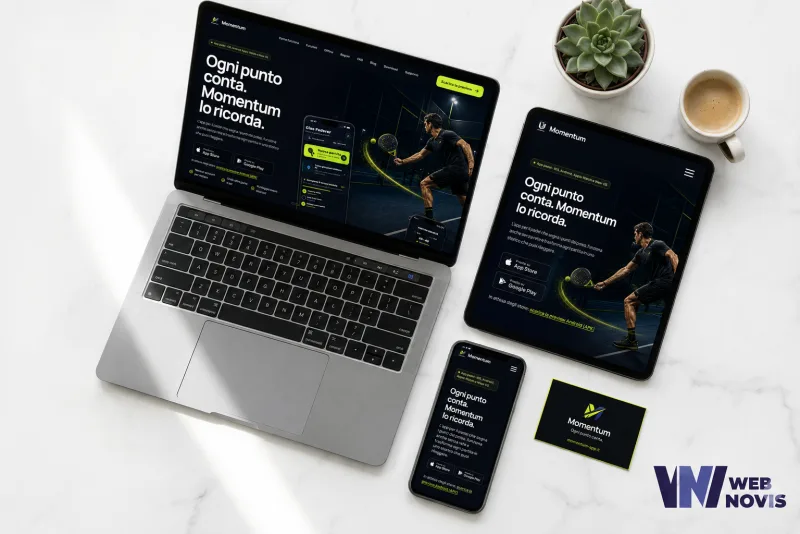 Mockup della landing page di Momentum su laptop, tablet, smartphone e biglietto da visita