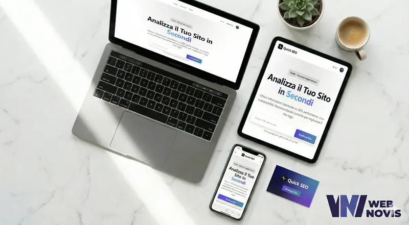 QuickSEO — mockup web app analisi SEO con laptop e tablet