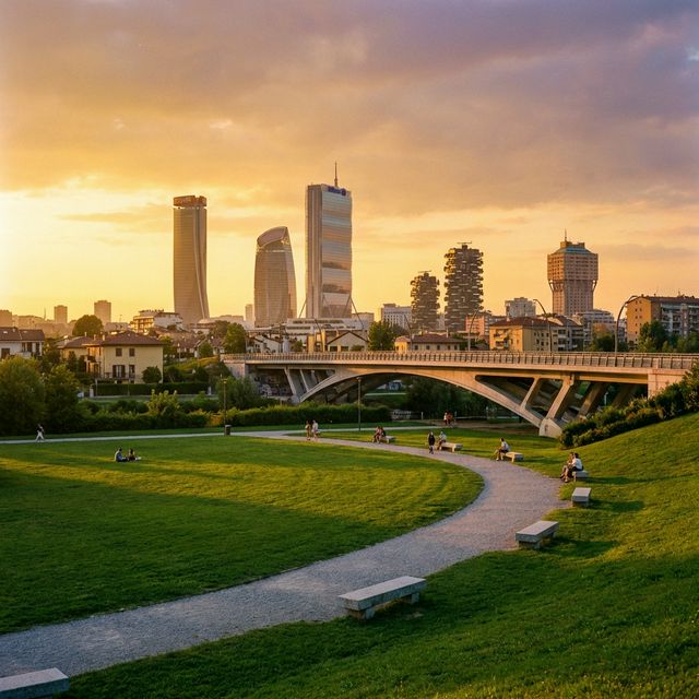 Panorama di Settimo Milanese con lo skyline di Milano sullo sfondo